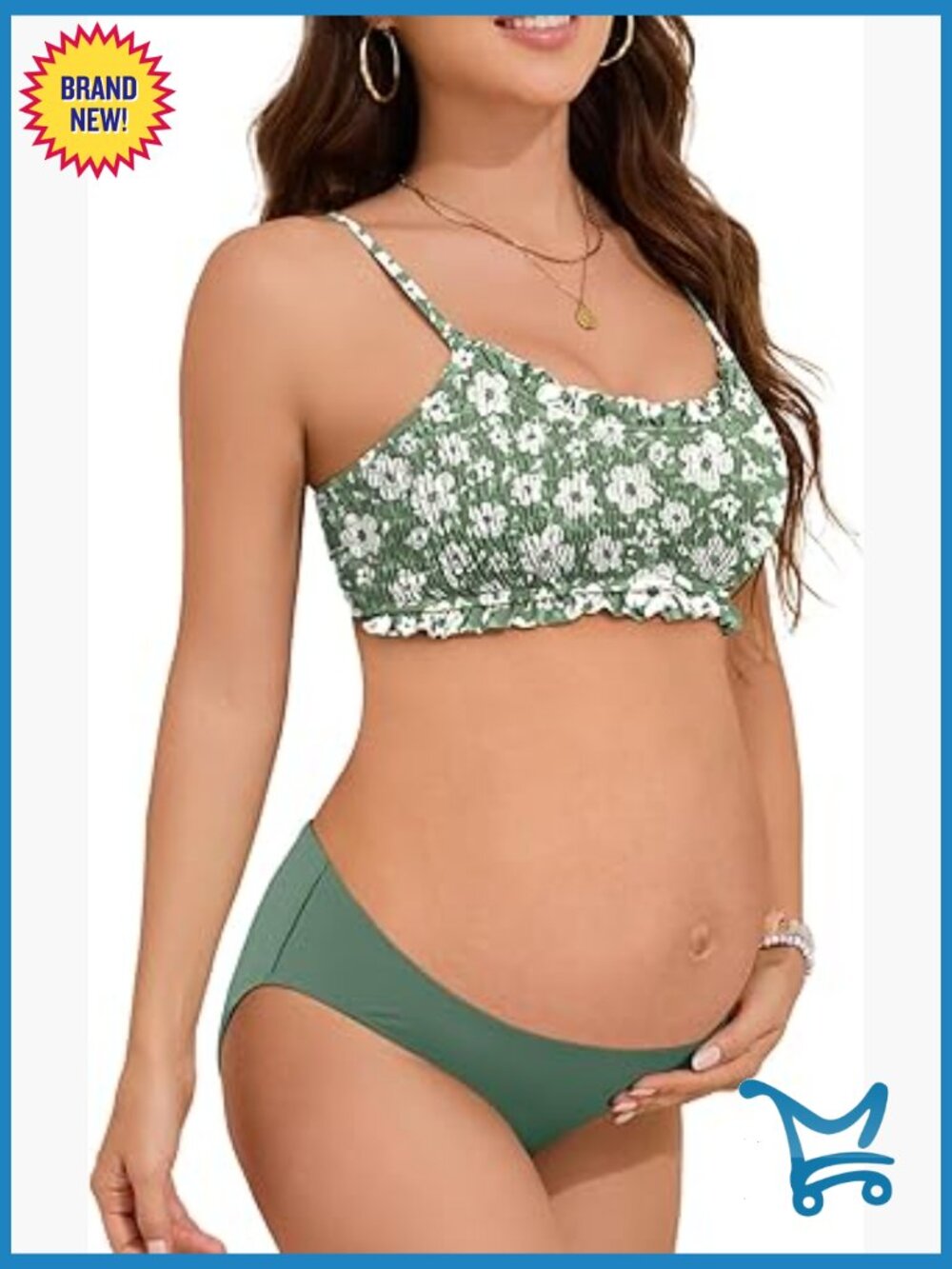 Shirred Smocked Maternity Bikini Top Ruffle Two Piece Low Rise Swim Bathing Suit